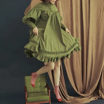 Umeko с дълъг ръкав Лолита midi рокля Реколта щанд яка Висока Талия бутон пристрастие трапециевидное рокля сладък 2019 лято cosplay Vestidos