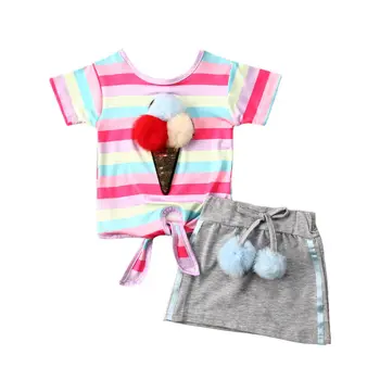 US 2PCS Toddle Kids Baby Girl Принцеса Ice Cream Върховете на T-shirt Mini-Skirt Dress Outfits Summer Set 1-5T