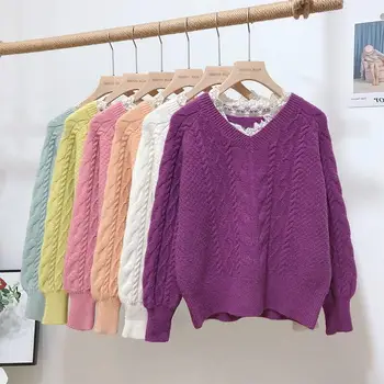 V-образно деколте и дантела мозайка пуловер плюс кадифе по-дебел елегантен Harajuku корейски стил, Всички мач усукана вязаный Kawai шик-пуловер