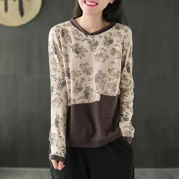 V-образно деколте с дълъг ръкав потник вязаная Есента на долната облекло памучен линия на печатни контрастни цветове трикотаж женски художествен пуловер