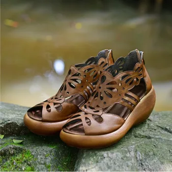 VALLU 2020 оригинални кожени дамски сандали ръчно изработени Римска обувки дебела подметка танкетка ретро ежедневни обувки от телешка кожа с дупки