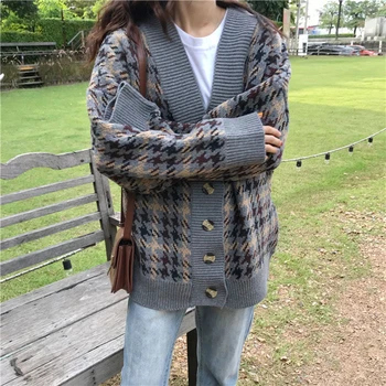 Vangull карирана жилетка есен нов V-образно деколте однобортный Дамски дрехи свободна Англия вязаная яке корейски стил топъл пуловер