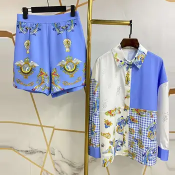 VERDEJULIAY Fashion Designer поли костюм дамски реколта блуза с флорални принтом и шорти, ден за ден празничен и елегантен комплект от две части