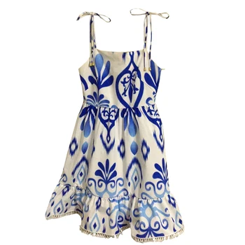 VGH Print Секси Mini Dress For Women квадратен яка и без ръкави, Висока Талия стягам лък рокли дамски летни мода нов прилив на