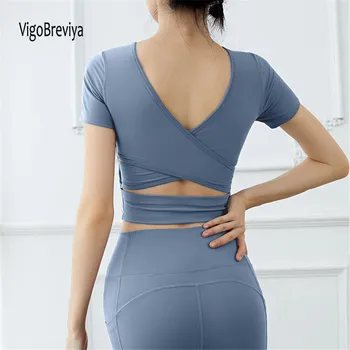 VigoBreviya Cross Bangdage Yoga Върховете Women 2020 меки фитнес спортни тениски Gym Running Workout Crop Върховете Slim Shirt Clothing