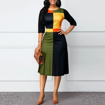 Vintage Секси Геометричен Patchwork Dresses Women 2020 Summer Autumn Casual Plus Size Elegant Slim Office Long Party Dress 5XL