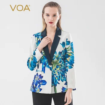 VOA 30m/m тежък ревера синьо цвете, микс материал шевове един бутон с дълъг ръкав обикновена топ тъмна чанта мода костюм яке W611