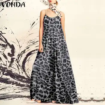 VONDA 2021 Summer Dress Секси Sleeve Strap Vintage Леопард Printed Люлка Maxi Long Dress Casual Губим Vestidos Plus Size Robe
