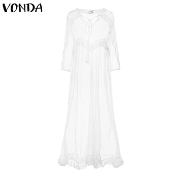 VONDA 2021 жените Секси срещу врата с дълъг ръкав Dress ежедневни Dot печатни тънки рокли на партията плюс размера на чешки Vestidos Femme сарафан