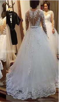 WD402 дълга рокля елегантна Vestido de Noiva с дълъг ръкав на сватбена рокля 2018 новата реколта дантела апликация перли сватбена рокля