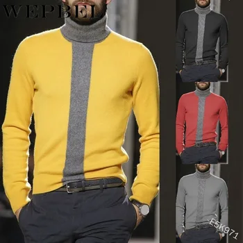 WEPBEL Есен Зима мъжки пуловер, мъжки тесен поло мозайка ежедневното пуловер, мъжки Slim Fit възли пуловери топ