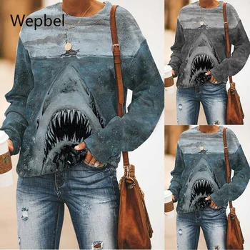WEPBEL есенни блузи, плюс размера на дамски пуловери с принтом акули ежедневни свободна засаждане пуловер с дълги ръкави hoody върховете