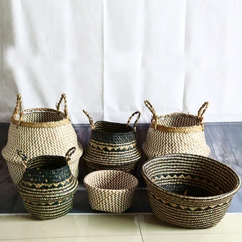 WHISM 24 стил сгъваема кошница за бельо сладък натурална морска трева кошница за съхранение на играчки, ръчно плетени кошница кошница за съхранение