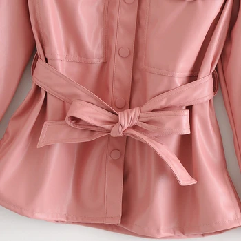 Wixra Дамски якета от изкуствена кожа High Street Pink ПУ палто отложной яка, яке с коланите градинска дрехи есен пролет