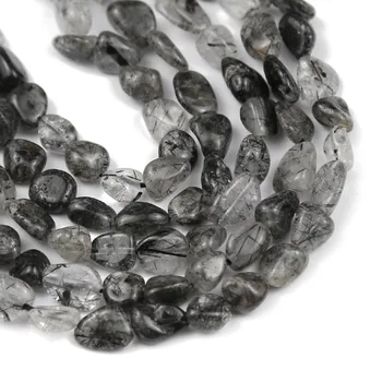 WLYeeS нередовни черно Рутил Crystal естествен камък мъниста чакъл свободни распорные мъниста за бижута гривна решения САМ 4~8 mm 15'