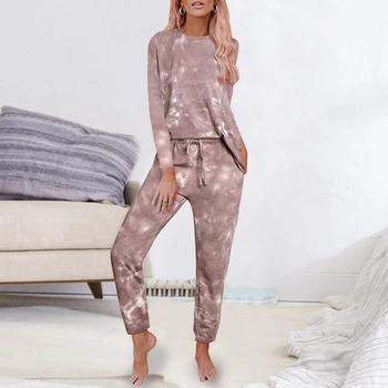 Womens Вратовръзка Боядисват Printed Long Pajamas Set блузи с дълги ръкави и панталони PJ Set Loungewear Nightwear пижами есен плюс размер