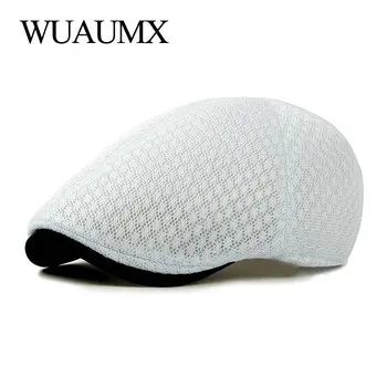 Wuaumx Mesh Beret Hat Men Women Plain Visor Hat Casual Solid Color Peaked Ivy Cabbie Плосък Cap Summer Дишаща Шофьор На Камион Caps