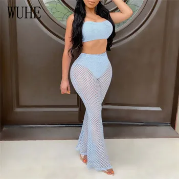 WUHE Sexy Women Summer Clothes Mesh Two Piece Костюми Top and Suite Pants Bodycon Party Club 2 Piece Outfits for Women Matching Set