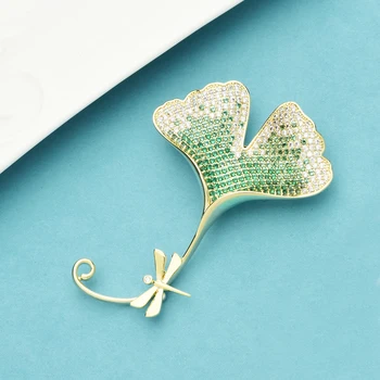 Wuli&baby Luxury Gingko Leaf Dragonfly брошки жени кубичен Циркон цвете сватба, банкет брошка игла подаръци