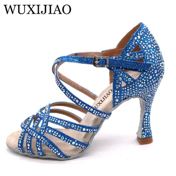 WUXIJIAO сребро син кристал латински танц, обувки за жени Salas бални обувки Перлата на висок ток 9 см Валс софтуер обувки гореща продажба