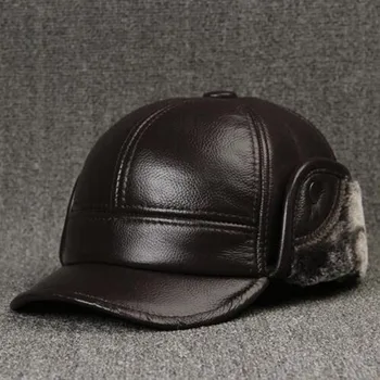 XdanqinX естествена кожена шапка Есен Зима мъжки коровья бейзболна шапка с уши на средна възраст кадифе топли слушалки шапка Папины шапки