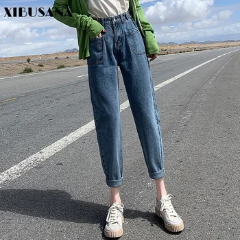 XIBUSANA Vintage Висока Талия твърди Дамски дънки и ежедневни директен широк крак дънки Дамски всички-Мач дължина на глезена Дама дънкови дънки 2020