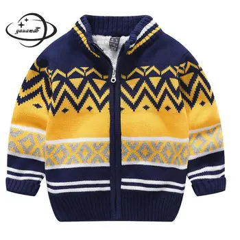 Yauamdb Детски пуловери зима трикотаж 5-13y момчета раираната жилетка За-образно деколте и цип с дълъг ръкав добавяне на вълна Детски дрехи Ly57