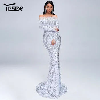 Yesexy 2021 жените са най-Секси с перо на рамото, с дълъг ръкав пайети дължина на пода вечерна Макси светоотражающее рокля Vestdios VR19005