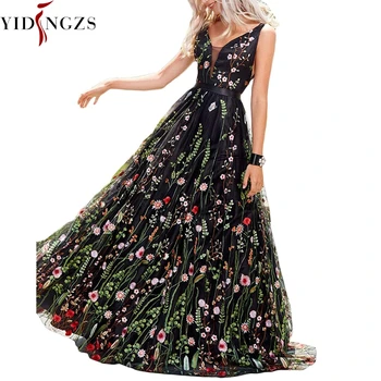 YIDINGZS-секси вечерна рокля черен тюл с бродерия на цветя вечерна рокля без гръб прозрачно вечерна рокля