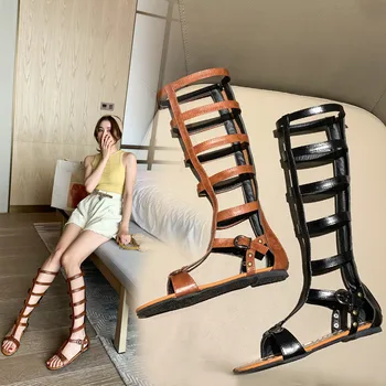YQBTDL нов Reach 2020 шипове в коляното високи гладиаторски сандали дамски на Римската обувки лято черен кафяв обтегач кухи плоски Дамски сандали