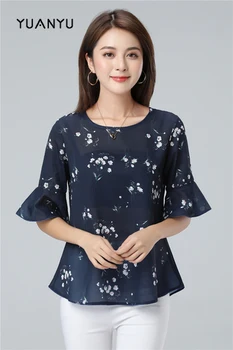 YUANYU нови дамски продукти цвете печатни шифон риза лято Прилеп ръкав пет ръкав с голяма 5XL свободни жена топ