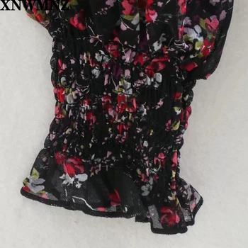 Za Women Fashion long printed Еластични waistband dress женски V-образно деколте с дълги ръкави smocked еластичен маншет асиметричен подгъва на роклята