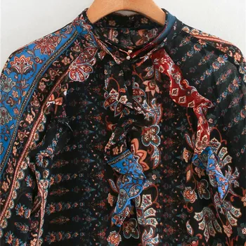 Za блуза 2020 дамски реколта струящаяся Лоскутная печатна блуза мода пристрастие апликации дълги ръкави, висока яка метални копчета върховете