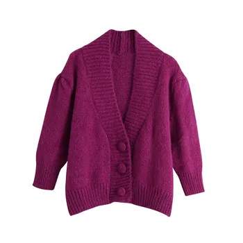 Za жилетка жени 2020 есен вязаный съкратен жилетка пуловер дамска мода пластове ръкав V-образно деколте и бутон нагоре свободни ежедневните сака