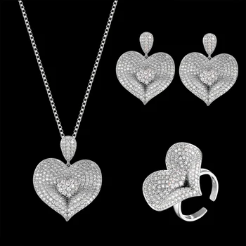 Zlxgirl jewelry Love Heart shape сватбената верига огърлица и обеци, пръстен бижута тънък цирконий висулка ушите Анель комплекти