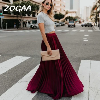 ZOGAA 2019 летните жени Червена Плиссированная пола мода Boho елегантни дамски еластичен колан с дълги Макси дамски голяма люлка разкроена пола