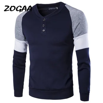 ZOGAA 2020 Мъжки Fashion Plain T Тениска Long Sleeve Casual Cotton Pullover Jumper Hoodie О-образно деколте мозайка Мъжки дрехи гореща разпродажба