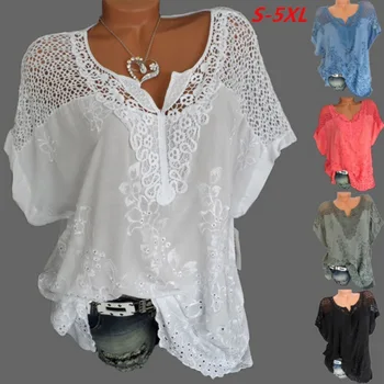 ZOGAA дамски Свободна лейси блуза с V образно деколте и ръкави прилеп тениска жени выдалбливают върховете мода ежедневни Тениски, плюс размера на Дамски ризи