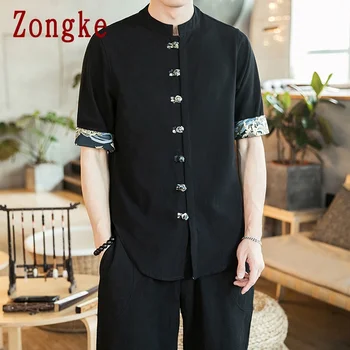 Zongke 2021 лято нова ежедневни риза с къс ръкав мъжете китайски стил памук бельо за мъже риза Половината ръкави Мъжки дрехи на марката M-5XL
