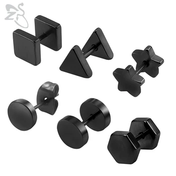 ZS 6 чифта / лот обеци от неръждаема стомана 8 мм, комплект за мъже ухото родословни обици геометрия пиърсинг черно кръгли обеци Pendientes