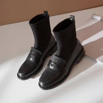 ZVQ кожа, конски косъм ботильоны мода във формата на сърце Модел 3 см токчета за дамски обувки 2019 Зима Есен участък Флок обувки