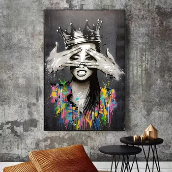 Анотация Короната момичета портрет постер платно Живопис Фигура на стената на изкуството графити Banksy Поп арт плакати и щампи за домашен декор