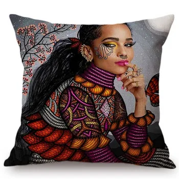 Африканска кралица момиче лице е изкуство, живопис калъфка за възглавница памук бельо екзотичен етнически стил декоративен разтегателен да се откажат калъфка 45X45CM