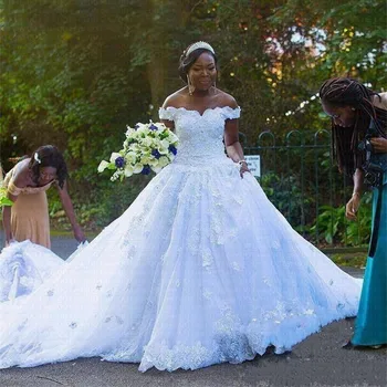 Африкански бална рокля сватбена рокля 2020 рамо с луксозни голям влак сватба рокли плюс размера на роба де Мари