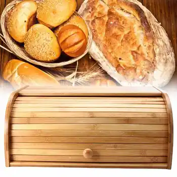 Бамбук Ролка Отгоре Дървена Флип-Печени Хлебница Прахоустойчив Кутия За Съхранение Кухня Храна Чекмедже За Съхранение На Контейнера Организатор