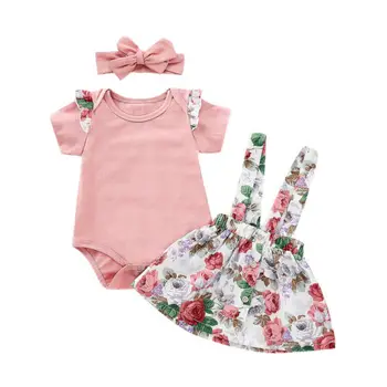 Бебе момиченце лято розови върхове плъзгачи цветни поли 3шт екипировки комплект дрехи