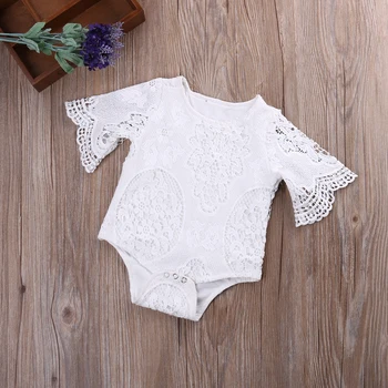 Бебета Момиче Summer Embroideried Floral Lace Bodysuit s Baby Girl Flare Sleeve Playsuit Outfits Sunsuit One-pieces Clothing
