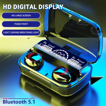 Безжична Bluetooth 5.1 слушалки 9D стерео с микрофон студен led сензорен водоустойчиви слушалки 2000 mah кабел за зареждане калъф M10A TWS