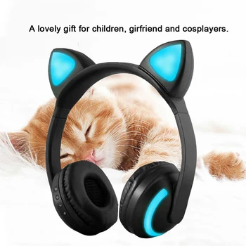 Безжична Bluetooth слушалка светлинен котешки слушалки стерео музикални слушалки с микрофон с регулируема лента за глава за лаптоп, смартфон