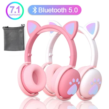 Безжична Headhand Gamer Розовата Котка Ear Bluetooth 5.0 Fone de ouvid Сладко PS4 Phone PC с микрофон с 3.5 мм слот телефон PS4 Overear Gamer